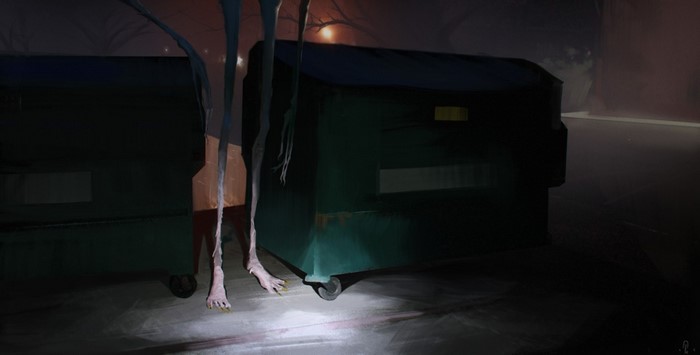 Slender Man by dumpsters at night