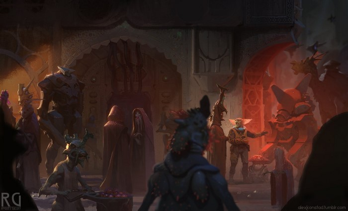 Science fiction scene with alien figures and a marketplace