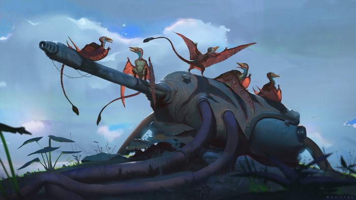 Pterodactyls on a large mechanical object