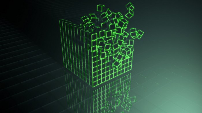 Green neon cube disintegrating into smaller cubes