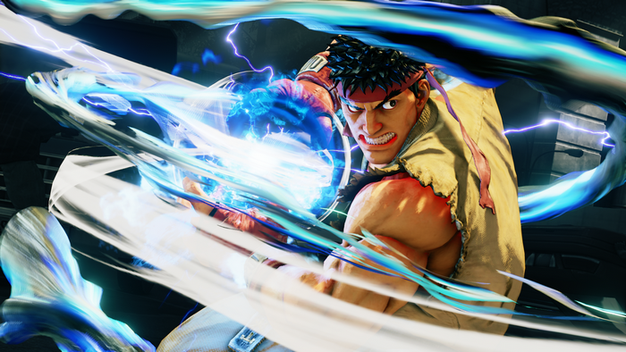 Ryu from Street Fighter V performing a special move