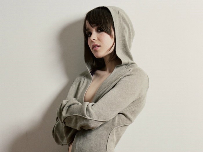 Ellen Page wearing a hooded cardigan