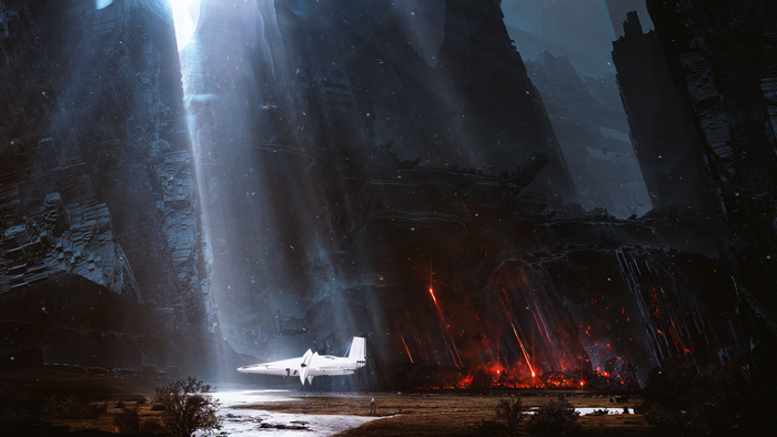Spaceship in a dark canyon with lava and light beams