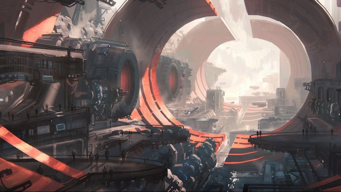 Futuristic city with large circular structures and flying vehicles