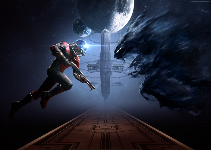 Morgan from Prey in space facing an alien