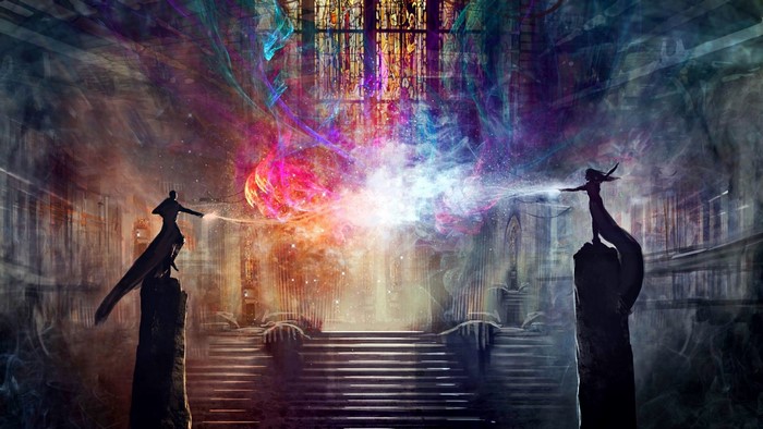 Two figures casting spells in a mystical hall