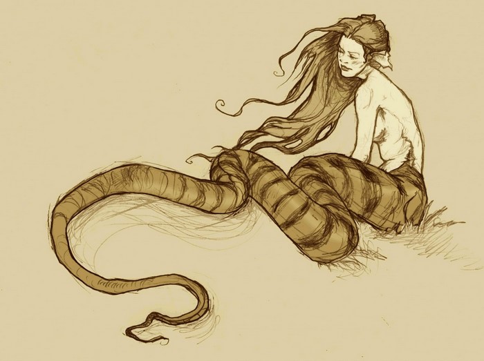 Illustration of a Naga with long hair and a striped tail
