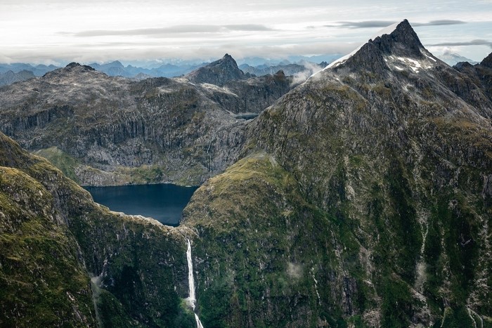 Mountain range with lakes and waterfalls