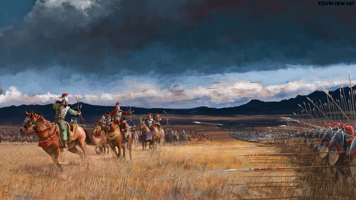 Mounted archers charge across a steppe towards a phalanx of spearmen