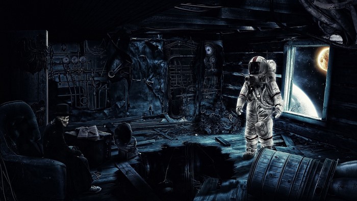 Astronaut in a dark room with a skeleton figure