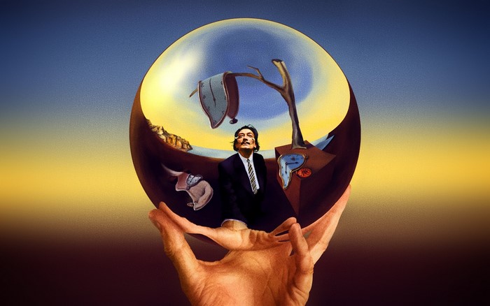 Salvador Dalí holding a sphere with melting clocks
