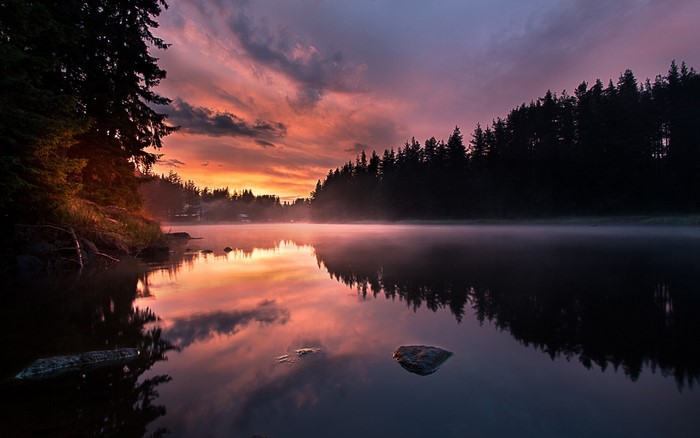 Sunset over a misty lake with forest reflection