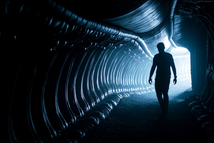 Silhouette in a biomechanical tunnel from Alien: Covenant