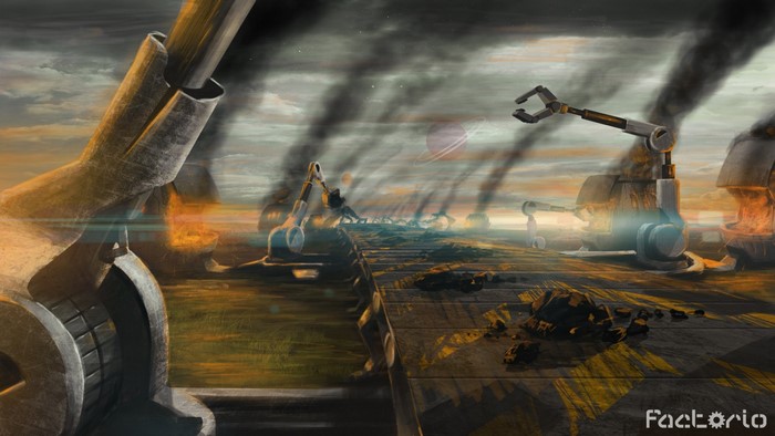 Factorio screenshot of industrial robots and smoke stacks