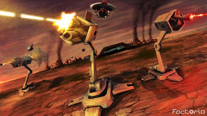 Factorio screenshot of automated turrets in battle