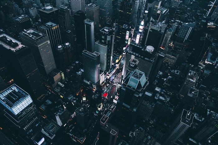 Aerial view of Times Square at night, New York City
