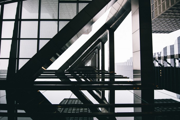 Monochrome architectural perspective of modern buildings