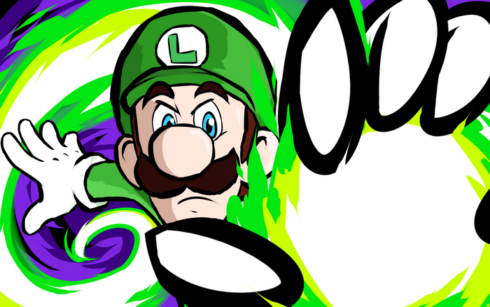 Luigi from Super Mario Bros. with abstract background