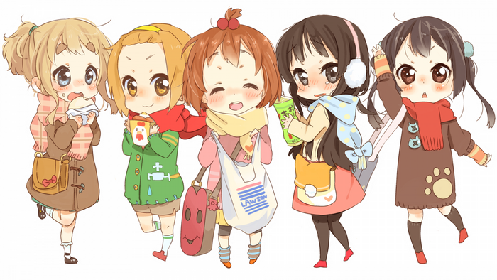 K-ON! girls in winter outfits with drinks and bags