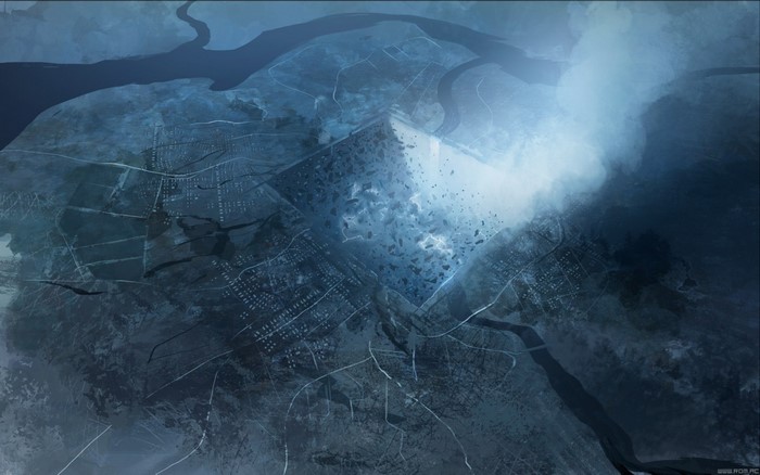 Aerial view of a futuristic city in ice