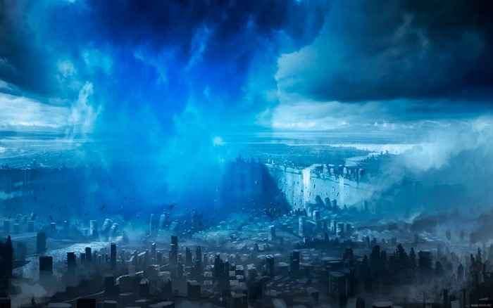 Apocalyptic city under a stormy blue sky