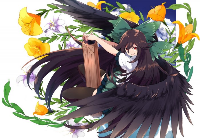 Reiuji Utsuho from Touhou with wings and flowers