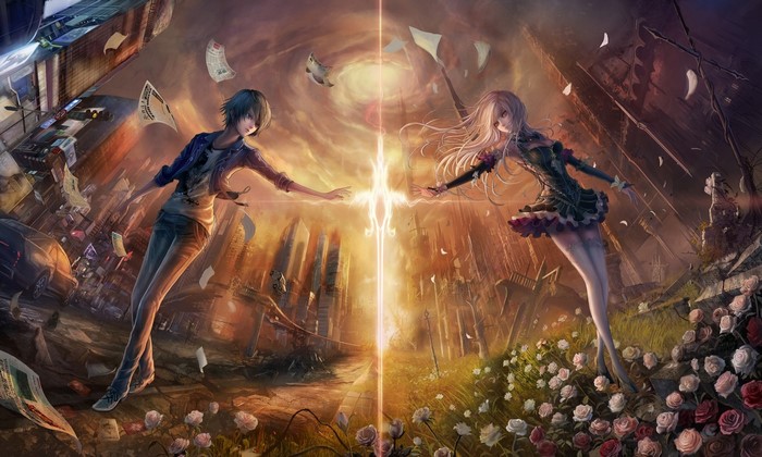 Anime characters reaching for a glowing sword