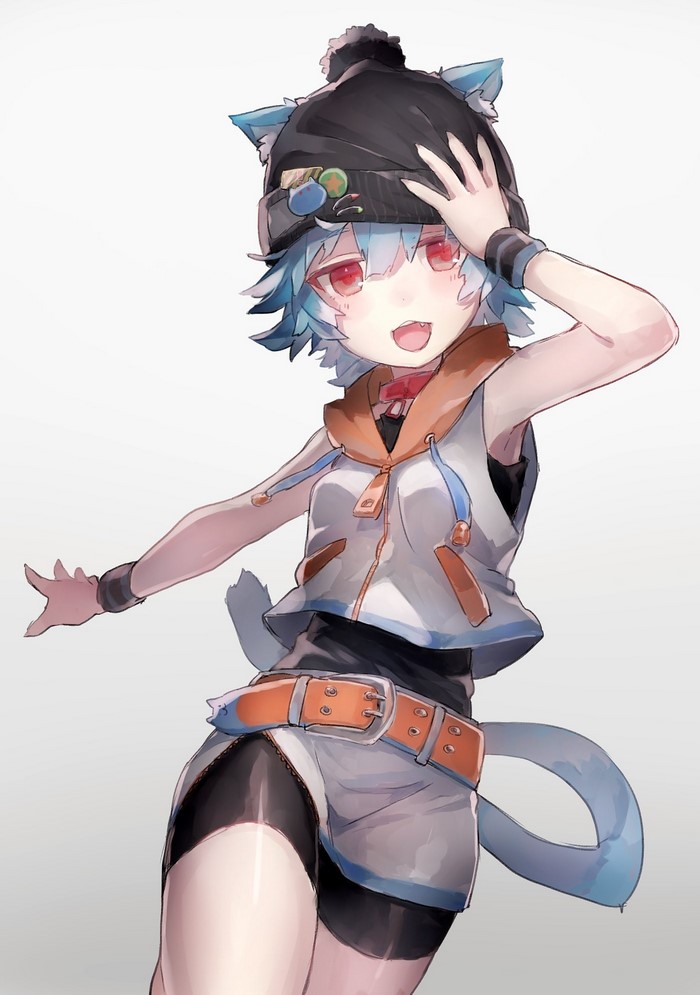 Anime girl with cat ears and blue hair wearing a beanie