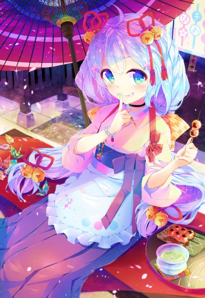 Anime girl in Japanese clothes holding dango under umbrella
