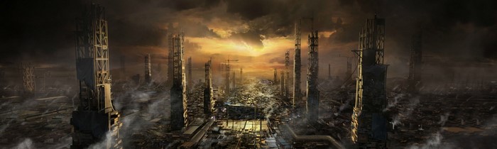 Artwork of a destroyed city with ruined skyscrapers