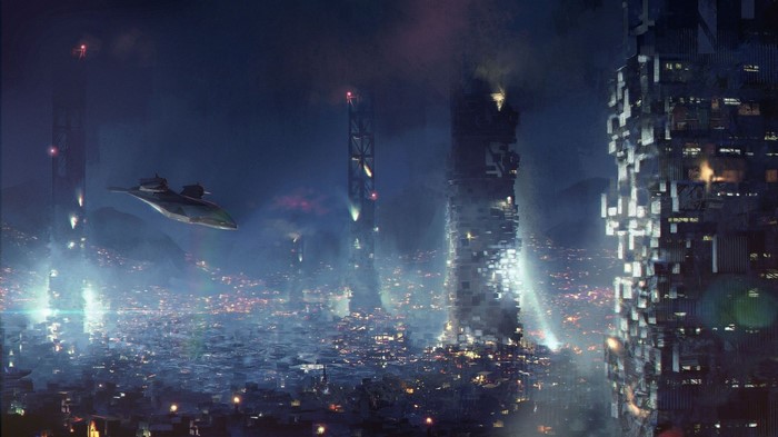 Deus Ex: Mankind Divided futuristic cityscape with flying vehicle