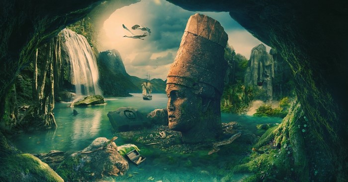 Fantasy art of a sunken statue in a cave with a waterfall