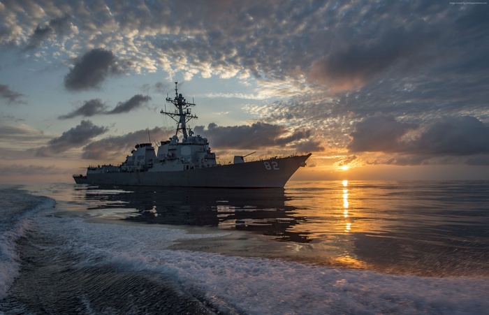 USS Lassen (DDG-82) guided missile destroyer at sunset