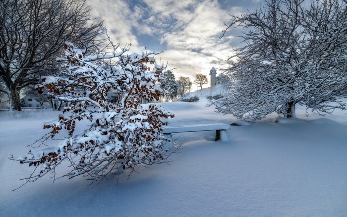 Snow-covered park with a bench and a distant tower