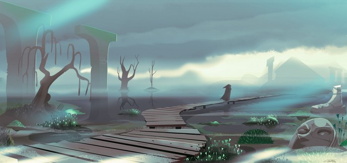 Fantasy swamp with ancient ruins and a cloaked figure