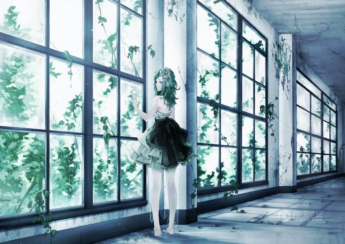 Megpoid Gumi in abandoned building with vines