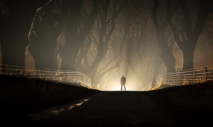 Man standing on a road at night with trees and mist