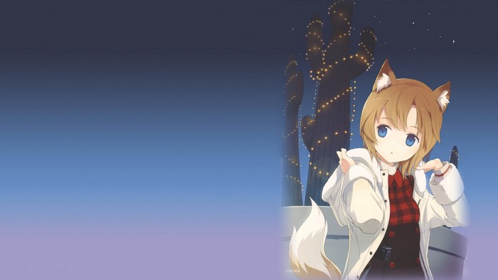 Anime girl with fox ears and tail at night