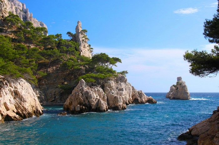Rocky coast with pine trees and blue sea in France