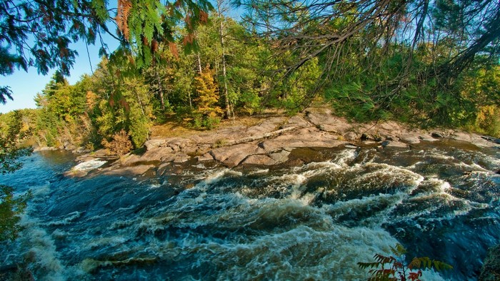 River rapids flowing through a rocky landscape with trees