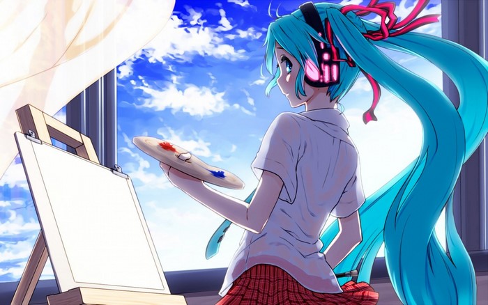 Hatsune Miku from Vocaloid painting by a window