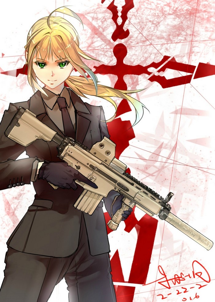 Saber from Fate Series with a rifle