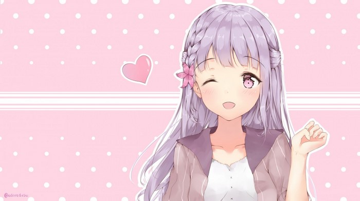 Anime girl with purple hair winking