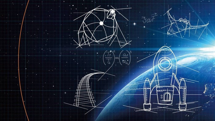 Space exploration sketches with Earth and rocket