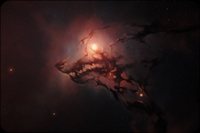 Digital art of a wolf-shaped nebula in space