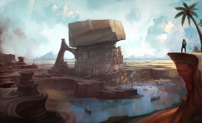 Fantasy city built on a rock formation with a lake