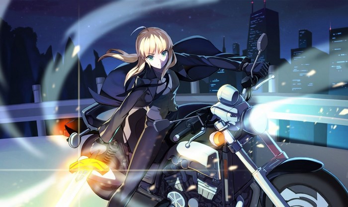 Saber Riding Motorcycle from Fate Zero at Night