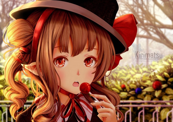 Anime girl with red eyes and lollipop wearing a hat