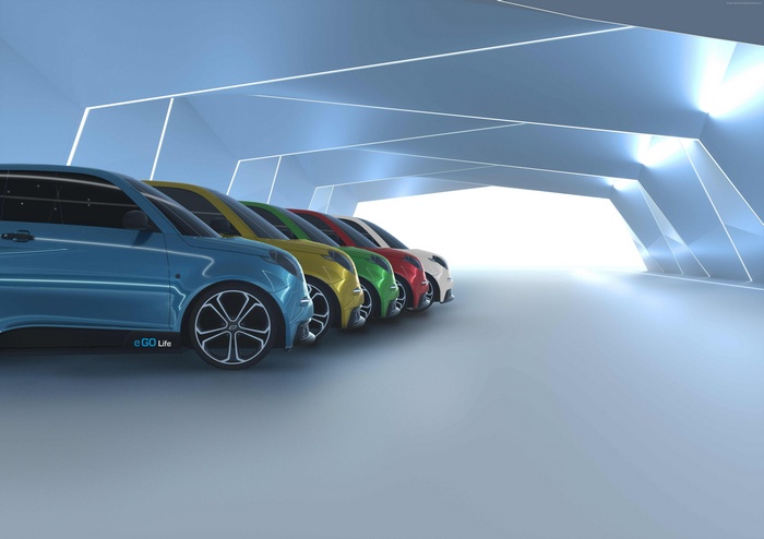 e.GO Life electric cars in a futuristic showroom