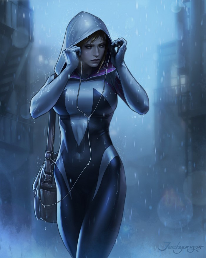 Spider-Gwen from Spider-Verse in the rain